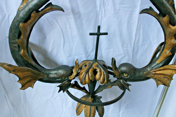 Antique cast iron italian church religious dolphin fish chandelier crucifix rare