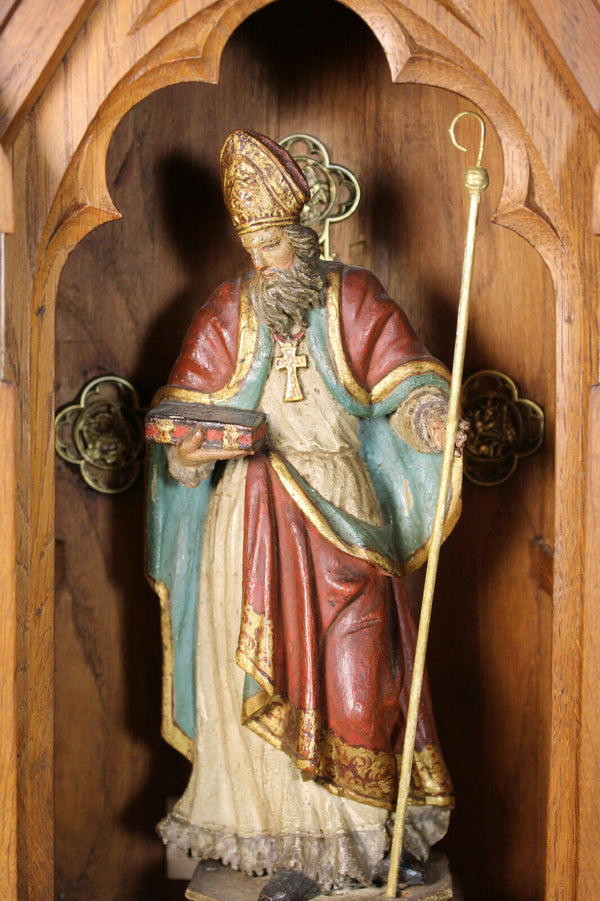 Top Neo gothic church wood carved chapel bishop saint figurine statue religious