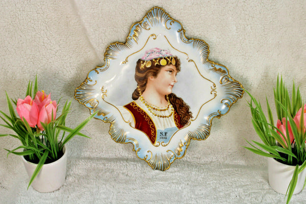 Antique french limoges marked porcelain portrait lady 1898 plate hand paint