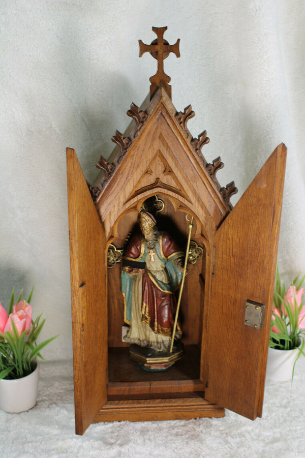 Top Neo gothic church wood carved chapel bishop saint figurine statue religious