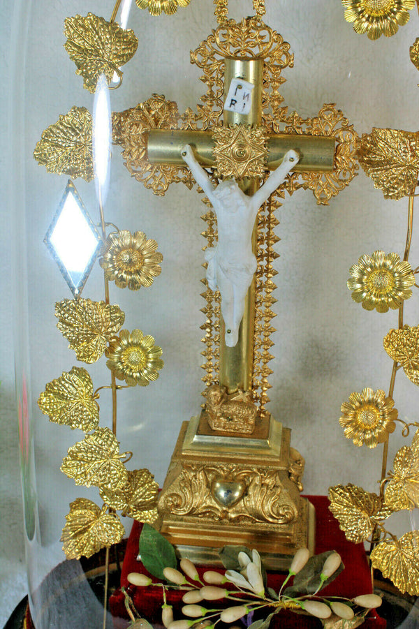 Antique large victorian oval hand blown Glass globe Dome crucifix religious