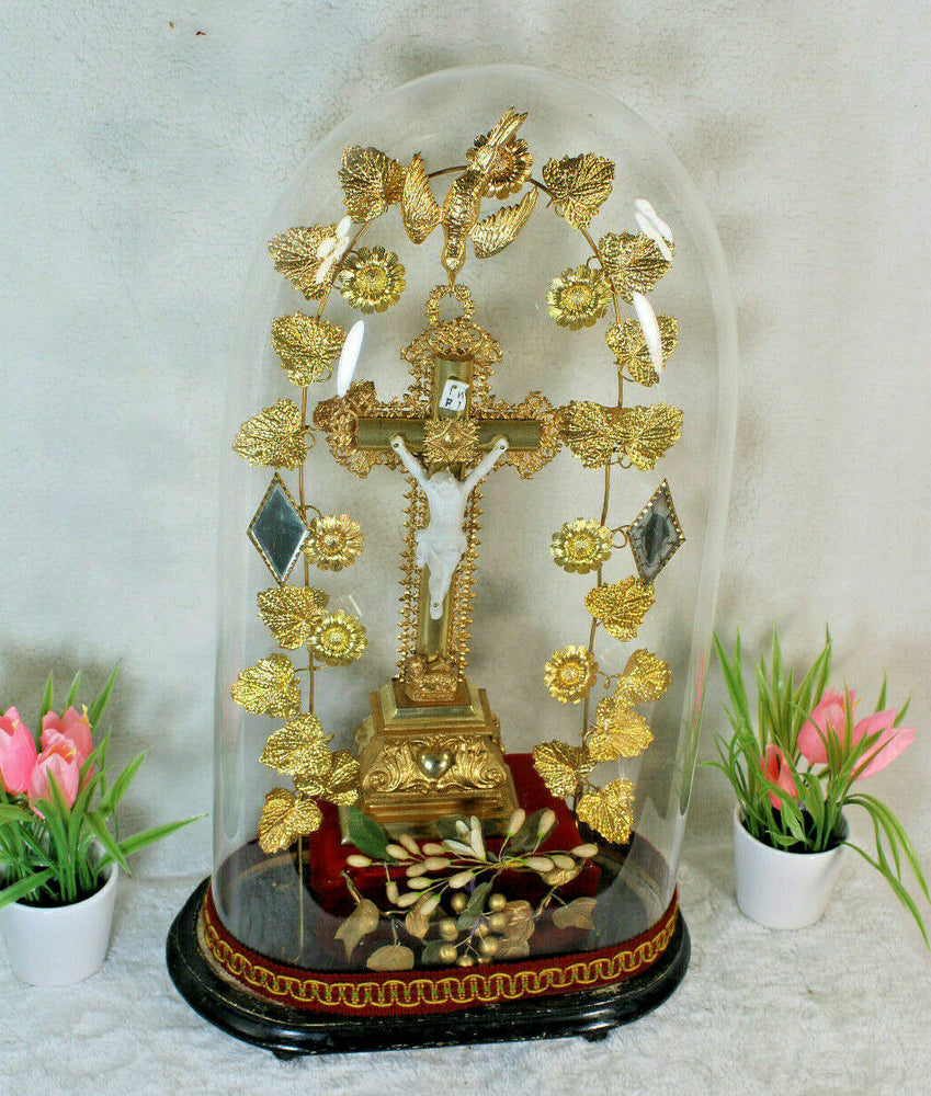 Antique large victorian oval  hand blown Glass globe Dome crucifix religious