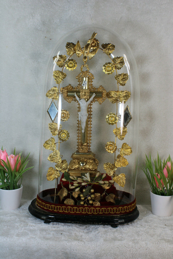 Antique large victorian oval hand blown Glass globe Dome crucifix religious