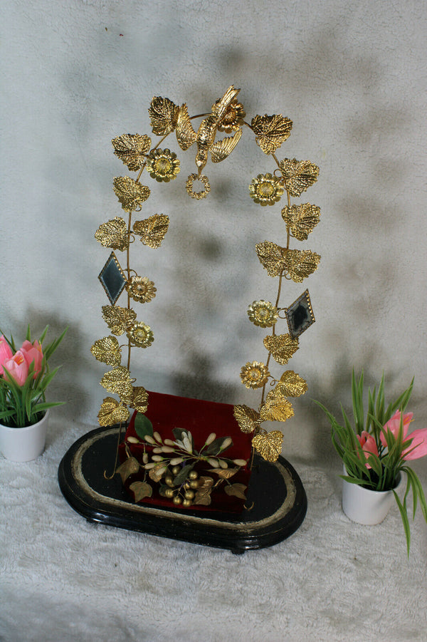 Antique large victorian oval hand blown Glass globe Dome crucifix religious