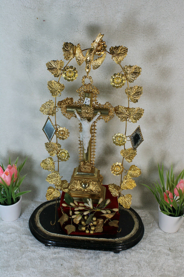 Antique large victorian oval hand blown Glass globe Dome crucifix religious