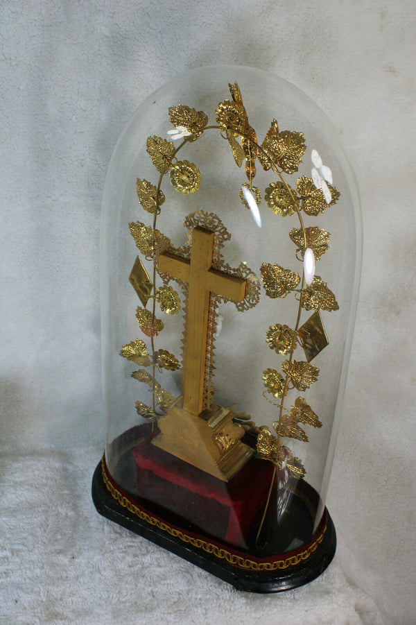 Antique large victorian oval hand blown Glass globe Dome crucifix religious