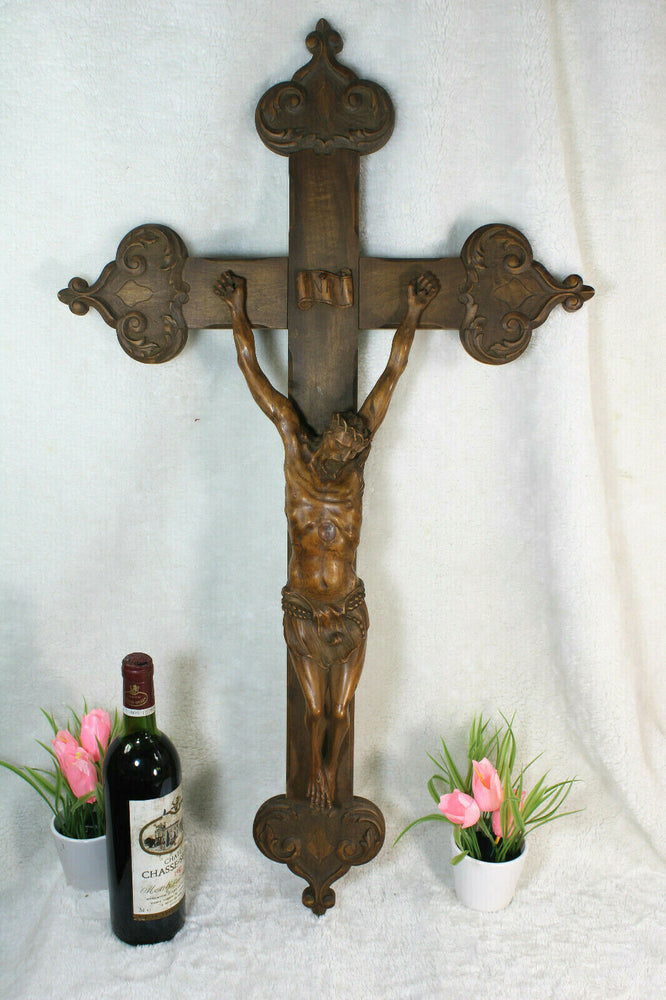 Huge XXL french antique jansenism wood carved crucifix christ Church religious