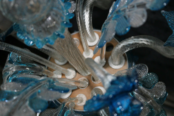 Murano hand blown blue clear glass chandelier lamp italian 1970