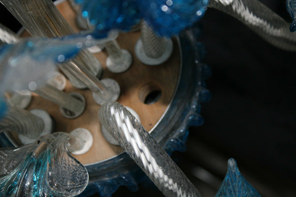 Murano hand blown blue clear glass chandelier lamp italian 1970