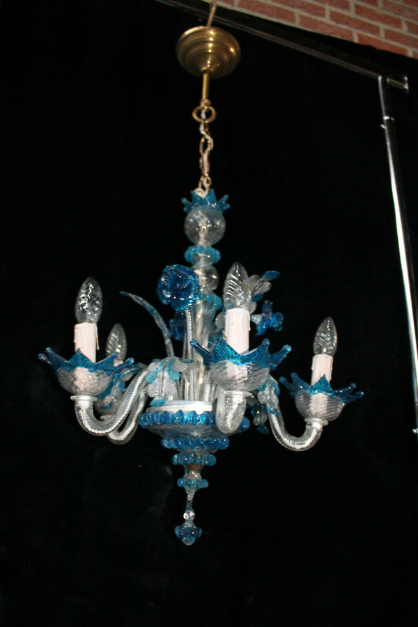 Murano hand blown blue clear glass chandelier lamp italian 1970