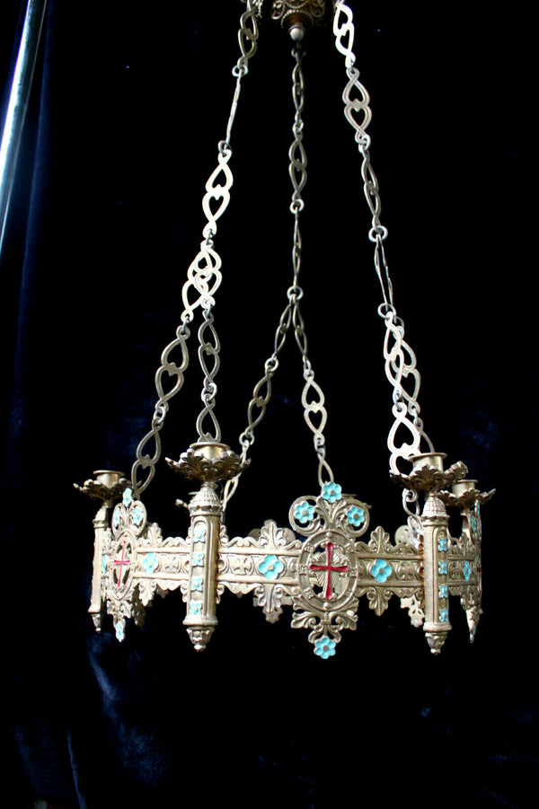 Antique French bronze religious church Enamel Chandelier candle holders lamp