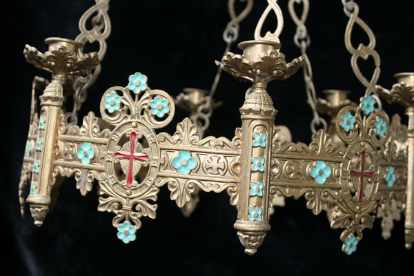 Antique French bronze religious church Enamel Chandelier candle holders lamp