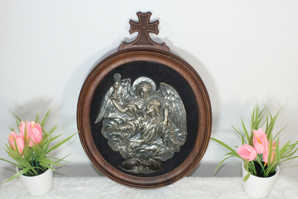 Antique Rare wood carved frame holy water font metal silver plated religious