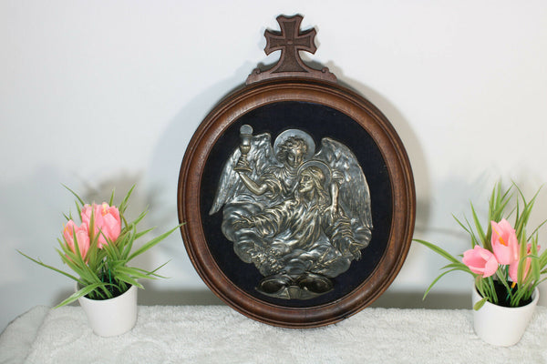 Antique Rare wood carved frame holy water font metal silver plated religious