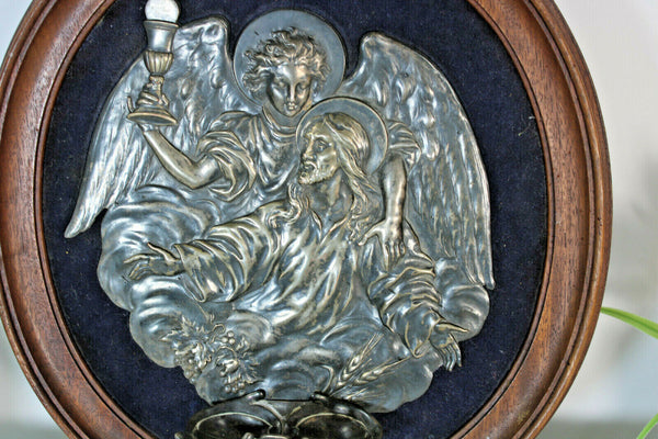 Antique Rare wood carved frame holy water font metal silver plated religious