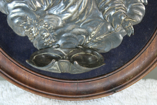 Antique Rare wood carved frame holy water font metal silver plated religious