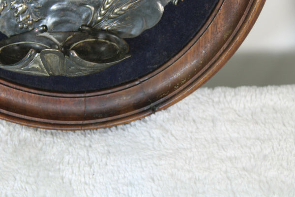 Antique Rare wood carved frame holy water font metal silver plated religious