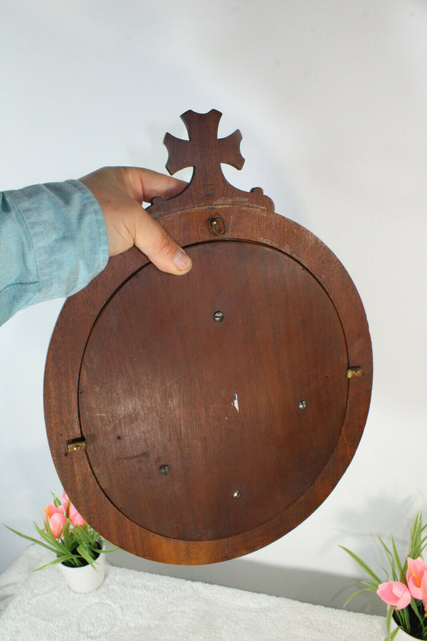 Antique Rare wood carved frame holy water font metal silver plated religious