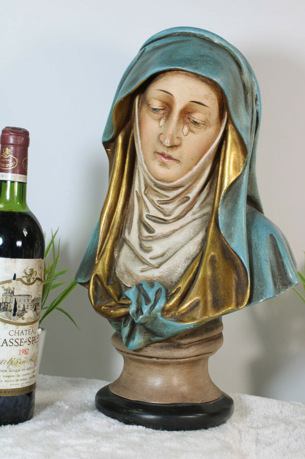 Antique French chalkware polychrome bust statue MAdonna Mary rare religious