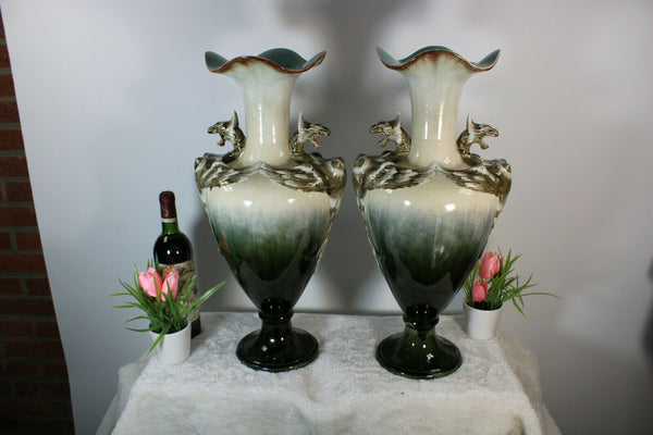 PAIR XL Antique french barbotina majolica Dragon Vases