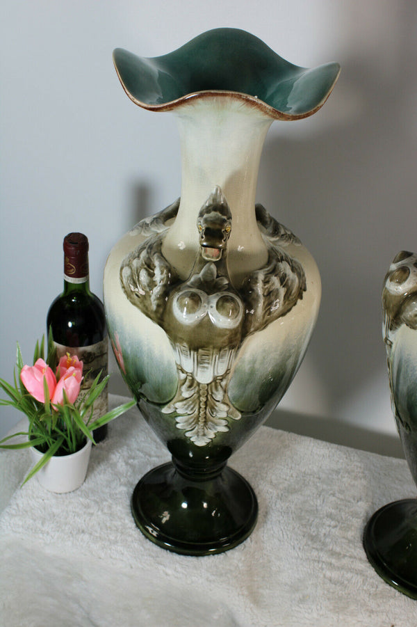 PAIR XL Antique french barbotina majolica Dragon Vases