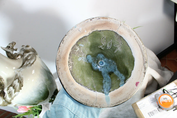 PAIR XL Antique french barbotina majolica Dragon Vases