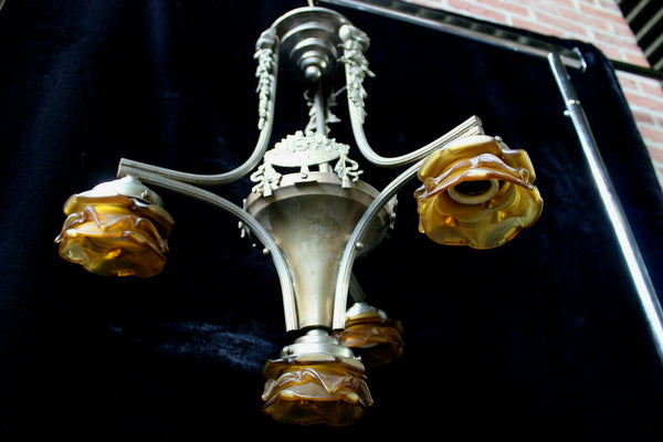 Antique French ART DECO DEsign Chandelier amber glass shade lamp