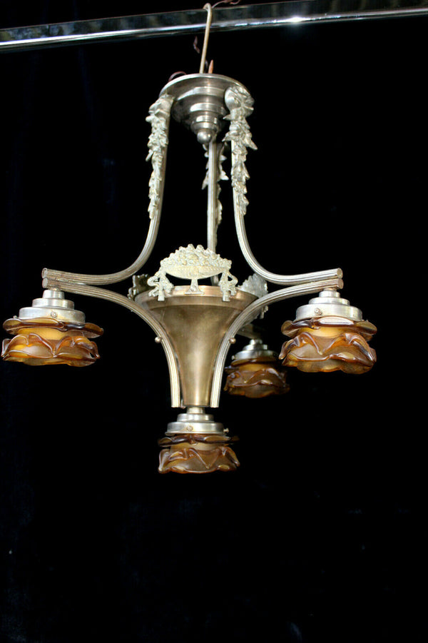 Antique French ART DECO DEsign Chandelier amber glass shade lamp