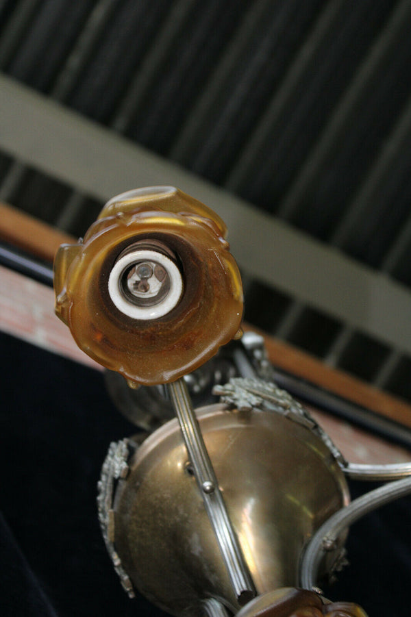 Antique French ART DECO DEsign Chandelier amber glass shade lamp