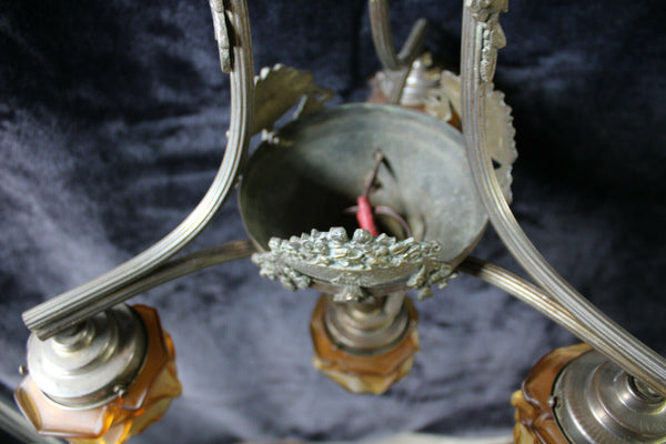 Antique French ART DECO DEsign Chandelier amber glass shade lamp
