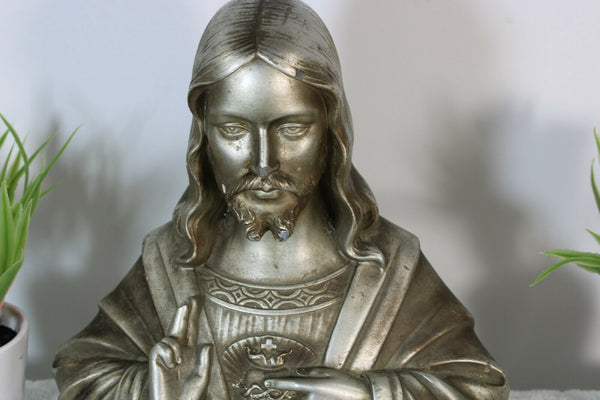Antique French silver chalkware Art deco sacred heart christ bust statue