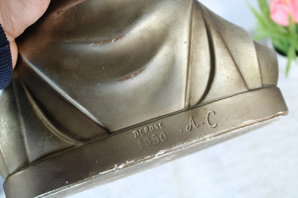 Antique French silver chalkware Art deco sacred heart christ bust statue