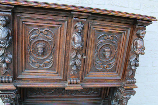 Antique French wood carved breton Cabinet Dressoir Mythological figurine cherub