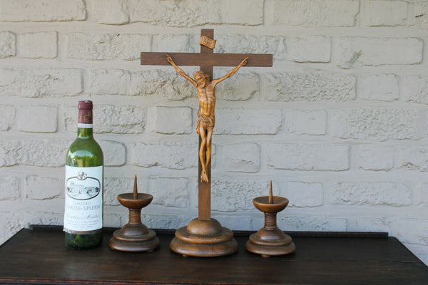 Antique French wood carved crucifix candle holder Art deco religious set