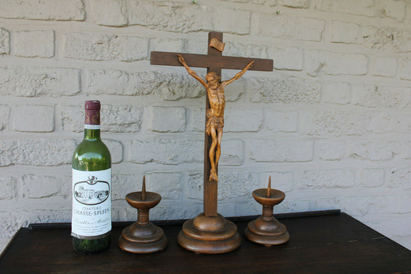 Antique French wood carved crucifix candle holder Art deco religious set