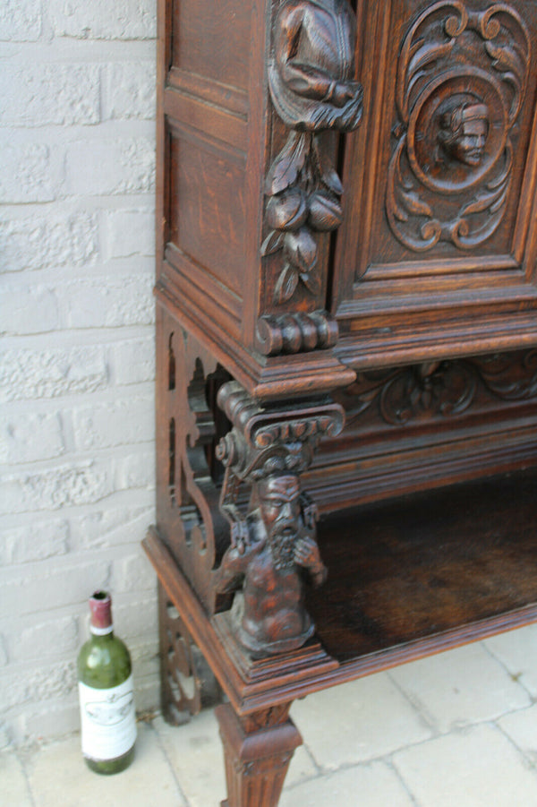 Antique French wood carved breton Cabinet Dressoir Mythological figurine cherub