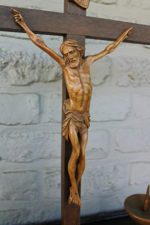 Antique French wood carved crucifix candle holder Art deco religious set