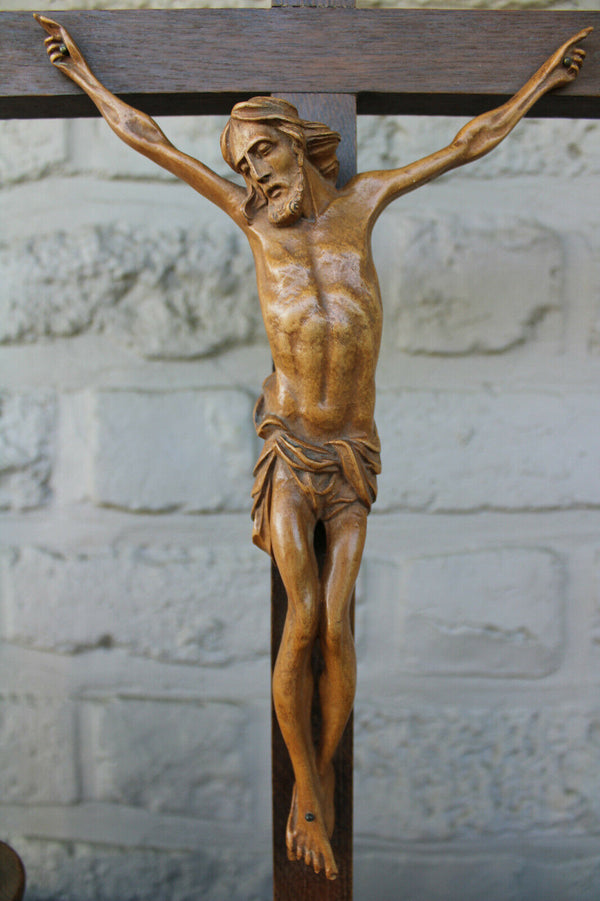 Antique French wood carved crucifix candle holder Art deco religious set