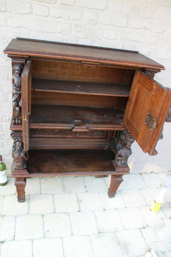 Antique French wood carved breton Cabinet Dressoir Mythological figurine cherub