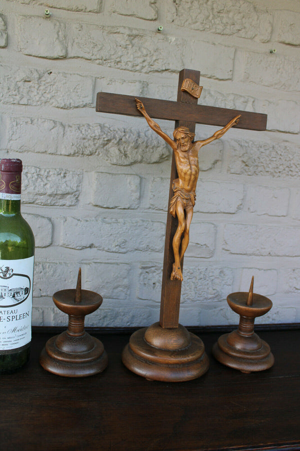 Antique French wood carved crucifix candle holder Art deco religious set