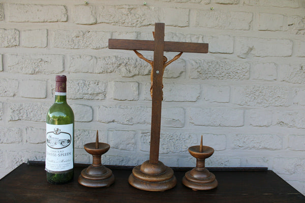 Antique French wood carved crucifix candle holder Art deco religious set