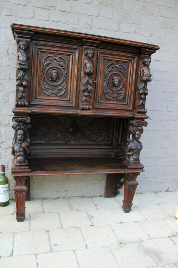 Antique French wood carved breton Cabinet Dressoir Mythological figurine cherub