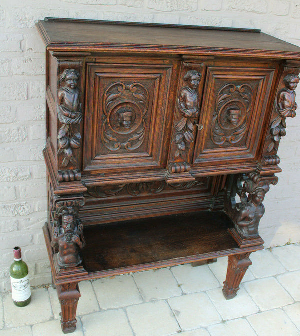Antique French wood carved breton Cabinet Dressoir Mythological figurine cherub