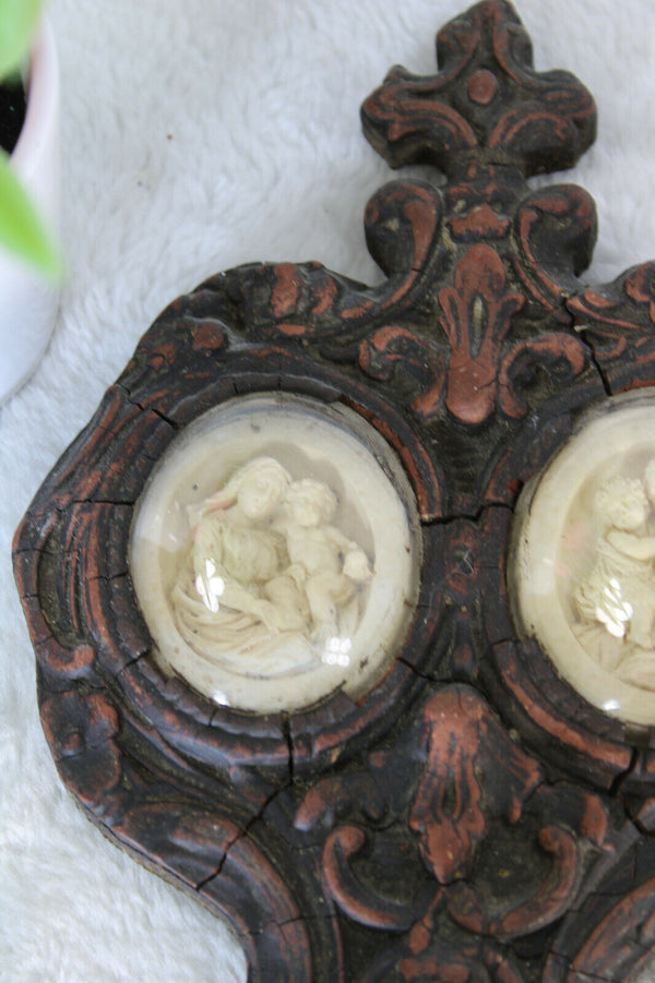 Antique rare napoleon III wood meerschaum madonna joseph family holy water font