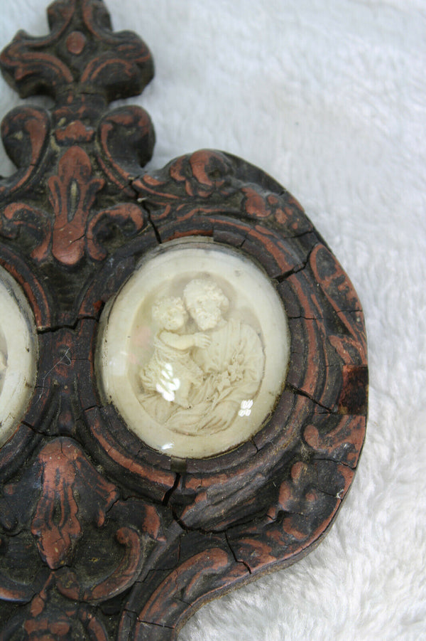 Antique rare napoleon III wood meerschaum madonna joseph family holy water font