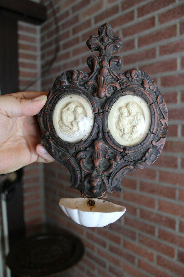 Antique rare napoleon III wood meerschaum madonna joseph family holy water font