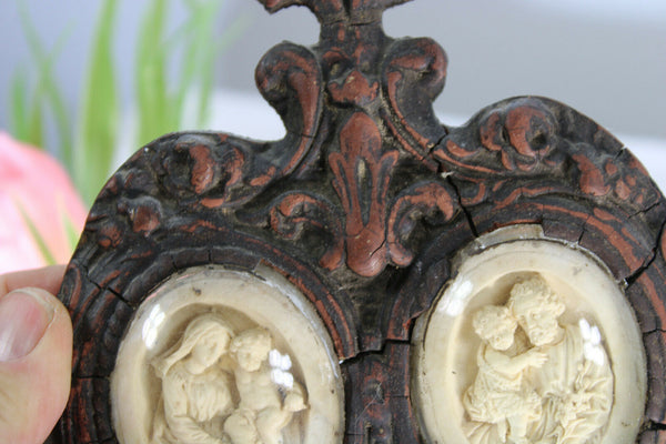 Antique rare napoleon III wood meerschaum madonna joseph family holy water font