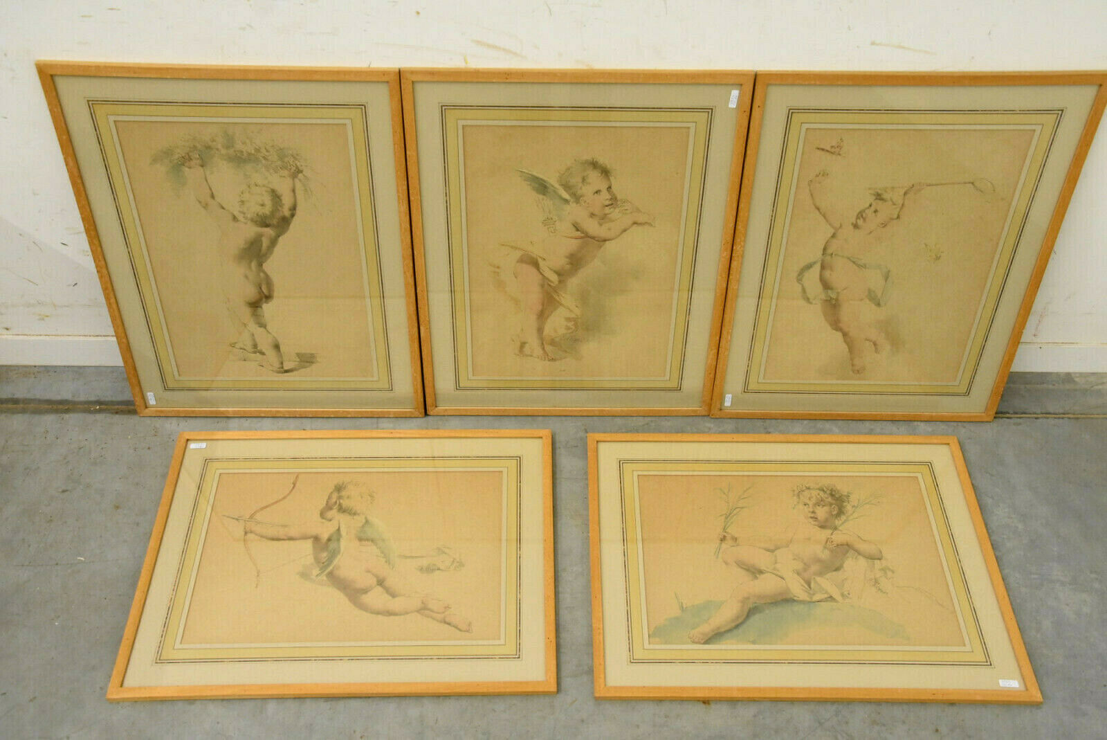 5 Top antique hand coloured Engravings E Meyer 1892 framed angel cherubs