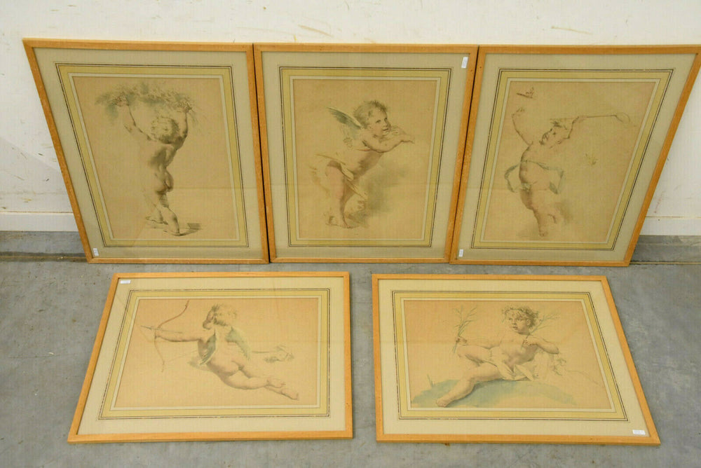 5 Top antique hand coloured Engravings E Meyer 1892 framed angel cherubs