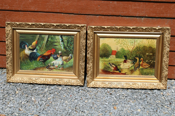 PAIR Flemish school oil panel animal chicken duck Painting signed